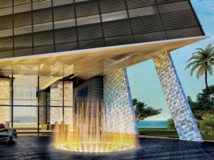 Rendering of the entrance of Muse Residences in Sunny Isles Beach. The building will feature custom artworks by Helidon Xhixha in every unit