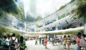 A rendering of the Miami Innovation District project shows a street view of the public spaces and "cloud" layer, or elevated public space (Rendering provided by Innovate Development Group)