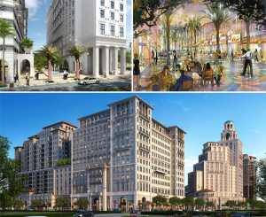 Clockwise from left: Renderings of Paseo de la Riviera, a curbless Giralda Avenue and the Mediterranean Village at Ponce Circle
