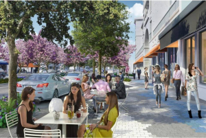 A rendering of a redesigned Miracle Mile streetscape showing wider sidewalks, a new paving pattern recalling the sky, parallel parking instead of angled parking, and new trees. (Credit: Cooper, Robertson & Partners - City of Coral Gables)
