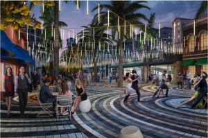 A rendering shows restaurant row on Giralda Avenue rebuilt without curbs and with trees in the middle of the street, in the fashion of a European plaza. Bright street pavers describe concentric circles resembling ripples in a puddle, while LED lights overhead are designed to recall falling raindrops. (Credit: Cooper, Robertson & Partners - City of Coral Gables)